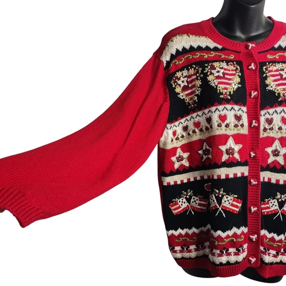 Vtg Heirloom Collectibles Cardigan Sweater Red Cotton Blend Embroider Flags Sz L - Picture 5 of 7